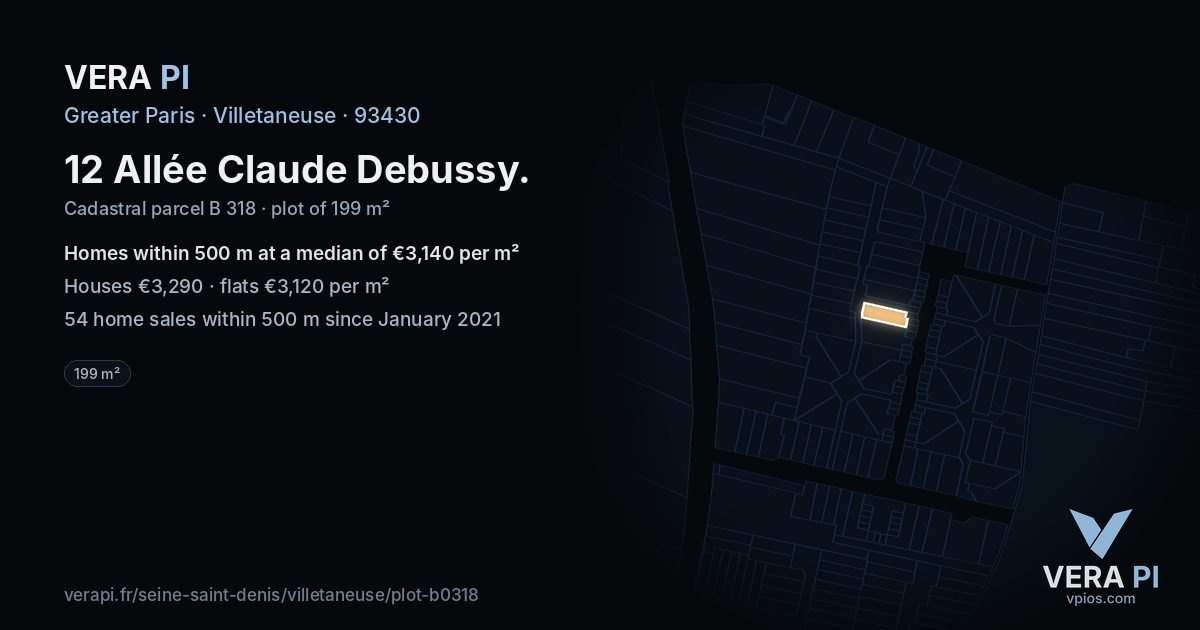 12 Allée Claude Debussy, Villetaneuse at night – the plot lit, the parcels around coloured by the prices near them