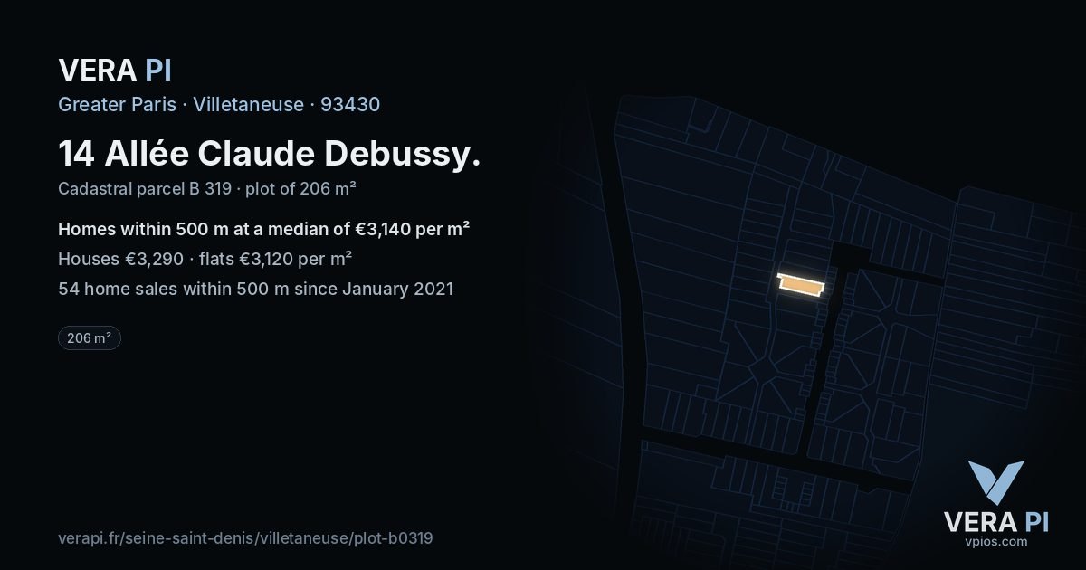 14 Allée Claude Debussy, Villetaneuse at night – the plot lit, the parcels around coloured by the prices near them