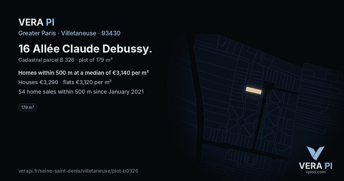 16 Allée Claude Debussy, Villetaneuse at night – the plot lit, the parcels around coloured by the prices near them