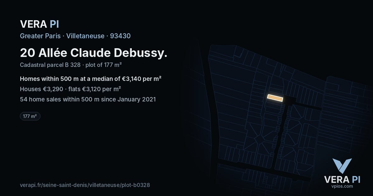 20 Allée Claude Debussy, Villetaneuse at night – the plot lit, the parcels around coloured by the prices near them