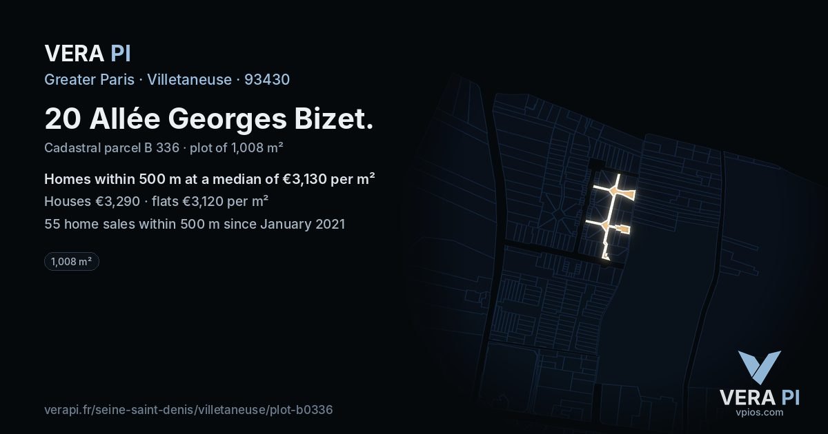 20 Allée Georges Bizet, Villetaneuse at night – the plot lit, the parcels around coloured by the prices near them