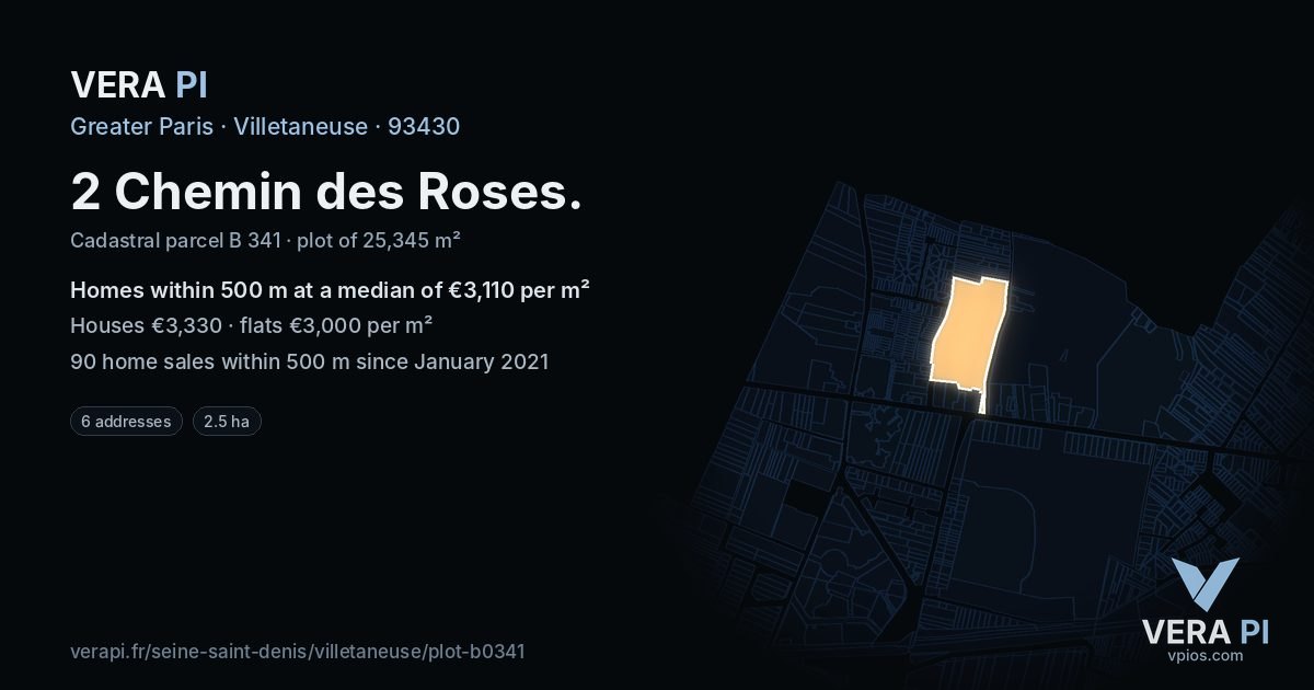 2 Chemin des Roses, Villetaneuse at night – the plot lit, the parcels around coloured by the prices near them