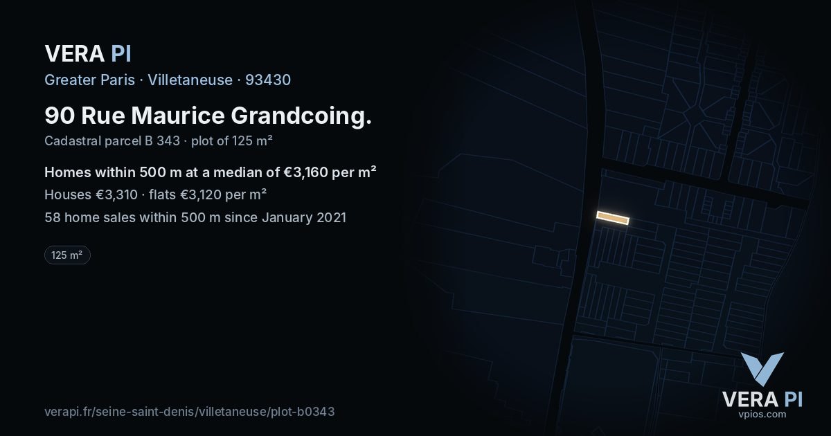 90 Rue Maurice Grandcoing, Villetaneuse at night – the plot lit, the parcels around coloured by the prices near them