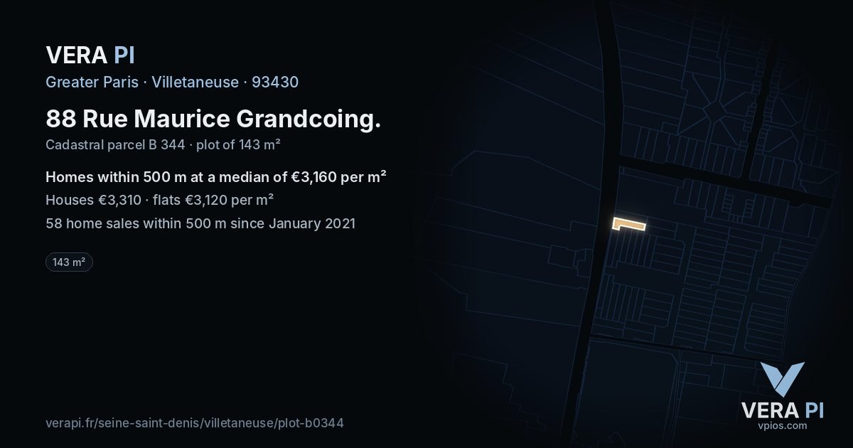 88 Rue Maurice Grandcoing, Villetaneuse at night – the plot lit, the parcels around coloured by the prices near them