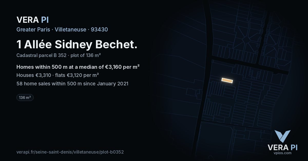 1 Allée Sidney Bechet, Villetaneuse at night – the plot lit, the parcels around coloured by the prices near them