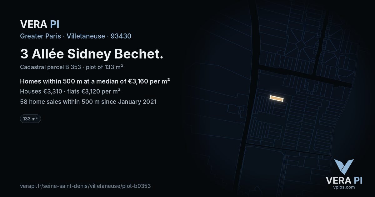 3 Allée Sidney Bechet, Villetaneuse at night – the plot lit, the parcels around coloured by the prices near them
