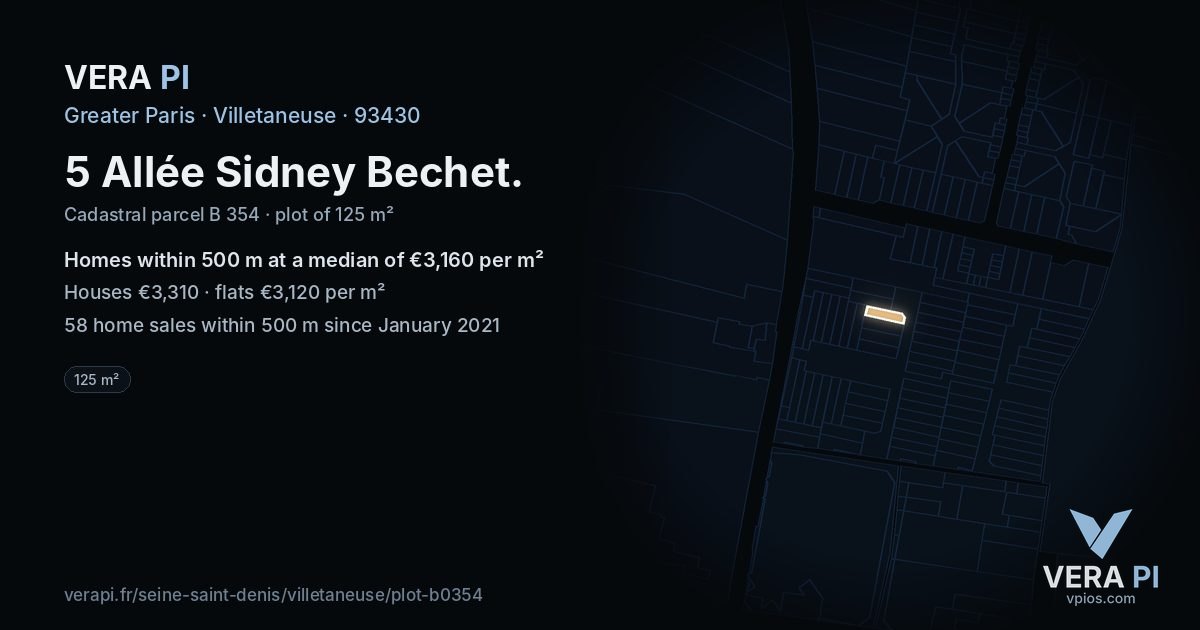 5 Allée Sidney Bechet, Villetaneuse at night – the plot lit, the parcels around coloured by the prices near them