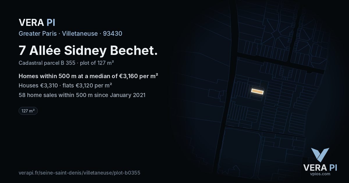 7 Allée Sidney Bechet, Villetaneuse at night – the plot lit, the parcels around coloured by the prices near them