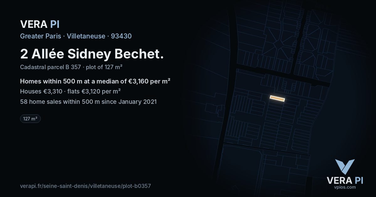 2 Allée Sidney Bechet, Villetaneuse at night – the plot lit, the parcels around coloured by the prices near them