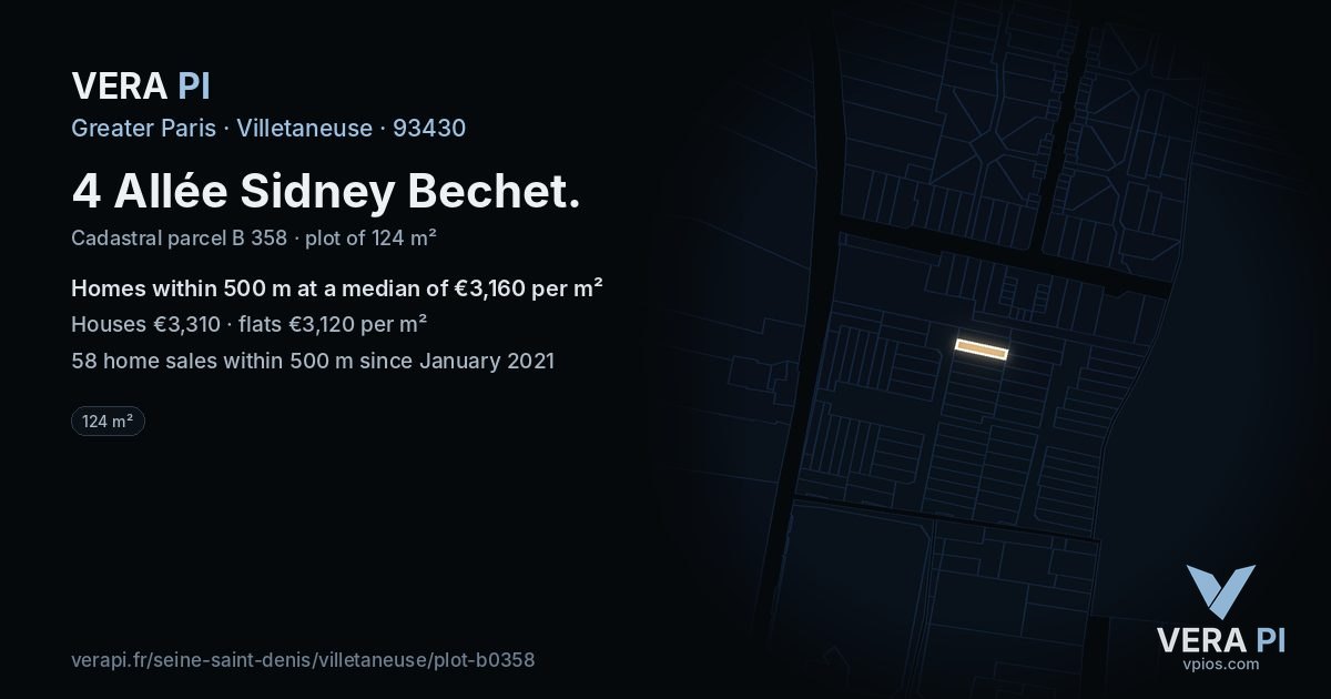 4 Allée Sidney Bechet, Villetaneuse at night – the plot lit, the parcels around coloured by the prices near them