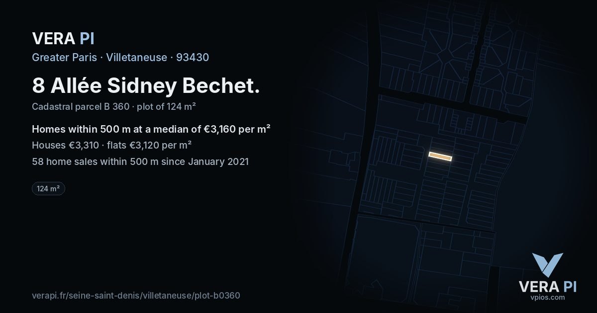 8 Allée Sidney Bechet, Villetaneuse at night – the plot lit, the parcels around coloured by the prices near them