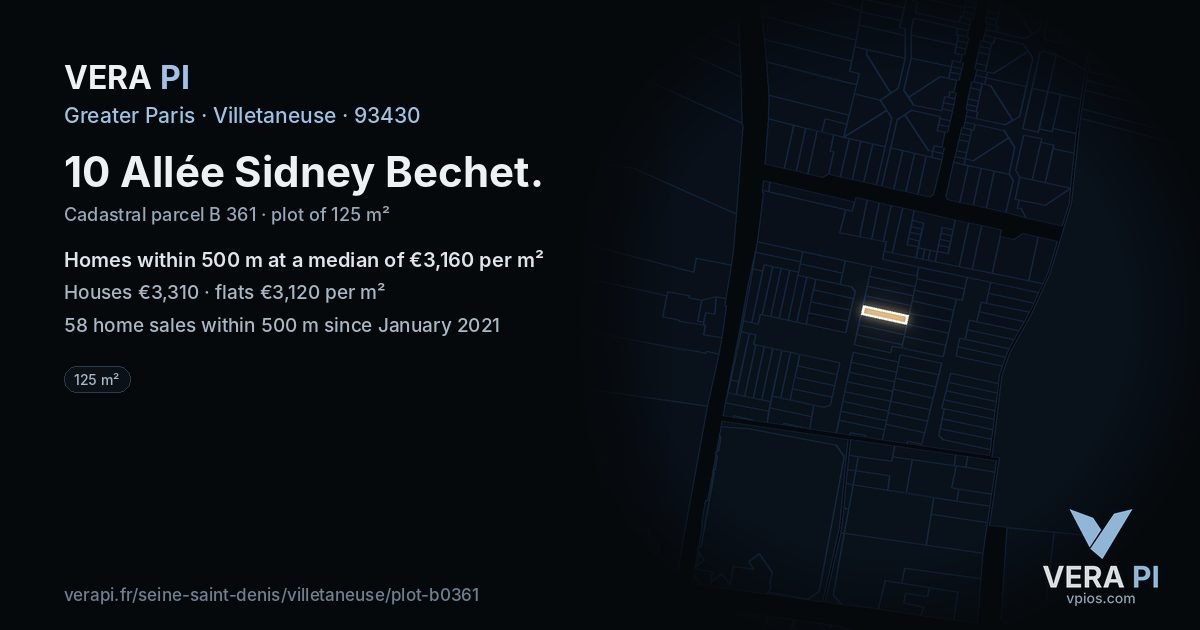 10 Allée Sidney Bechet, Villetaneuse at night – the plot lit, the parcels around coloured by the prices near them