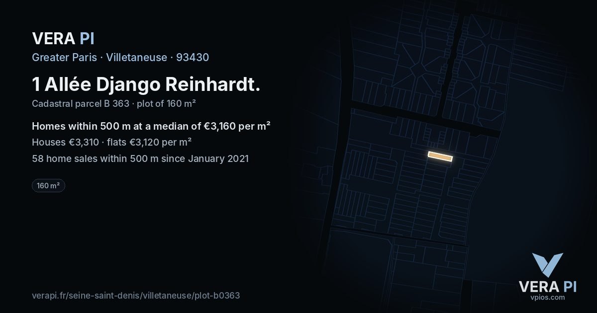 1 Allée Django Reinhardt, Villetaneuse at night – the plot lit, the parcels around coloured by the prices near them
