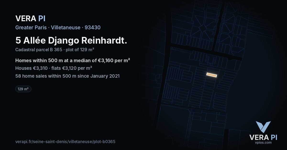 5 Allée Django Reinhardt, Villetaneuse at night – the plot lit, the parcels around coloured by the prices near them