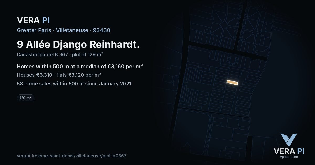 9 Allée Django Reinhardt, Villetaneuse at night – the plot lit, the parcels around coloured by the prices near them