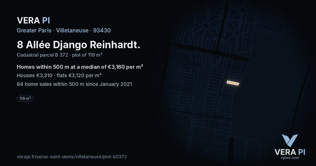 8 Allée Django Reinhardt, Villetaneuse at night – the plot lit, the parcels around coloured by the prices near them