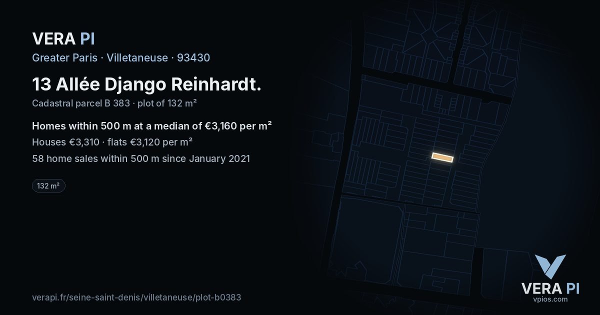 13 Allée Django Reinhardt, Villetaneuse at night – the plot lit, the parcels around coloured by the prices near them