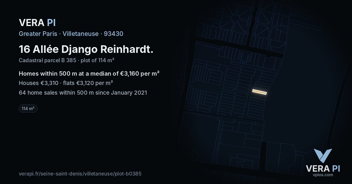 16 Allée Django Reinhardt, Villetaneuse at night – the plot lit, the parcels around coloured by the prices near them