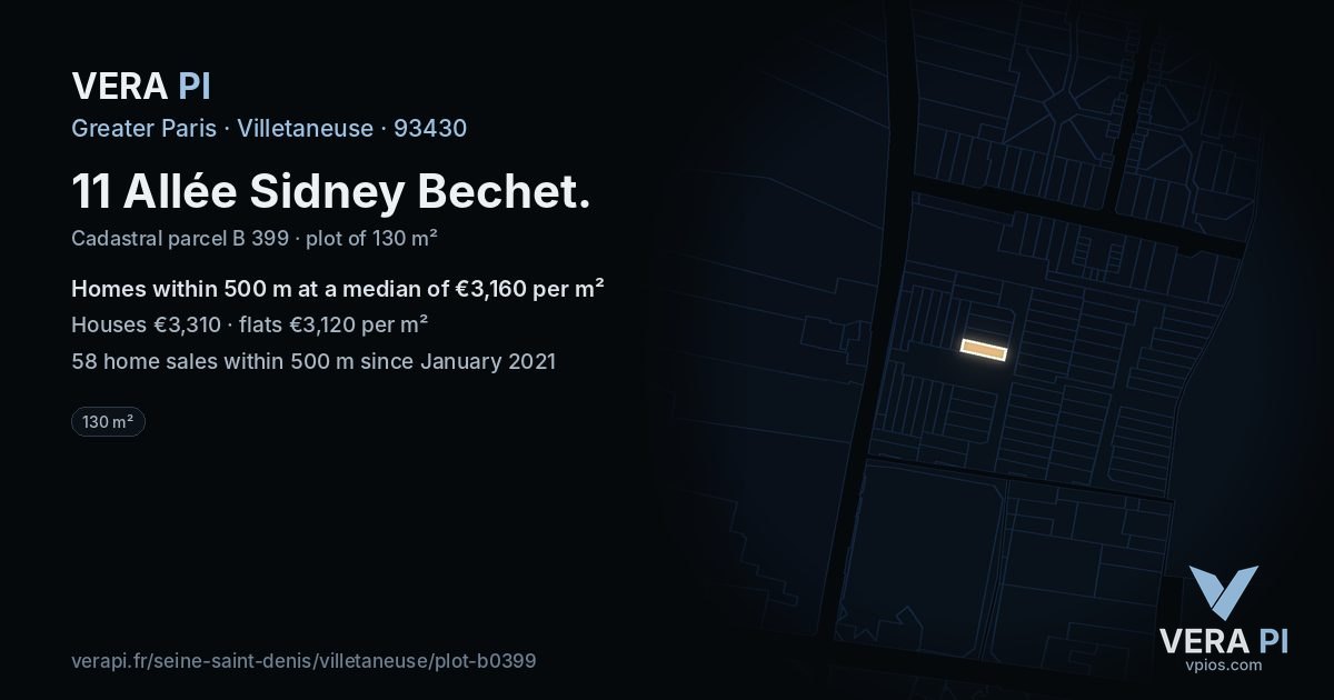 11 Allée Sidney Bechet, Villetaneuse at night – the plot lit, the parcels around coloured by the prices near them