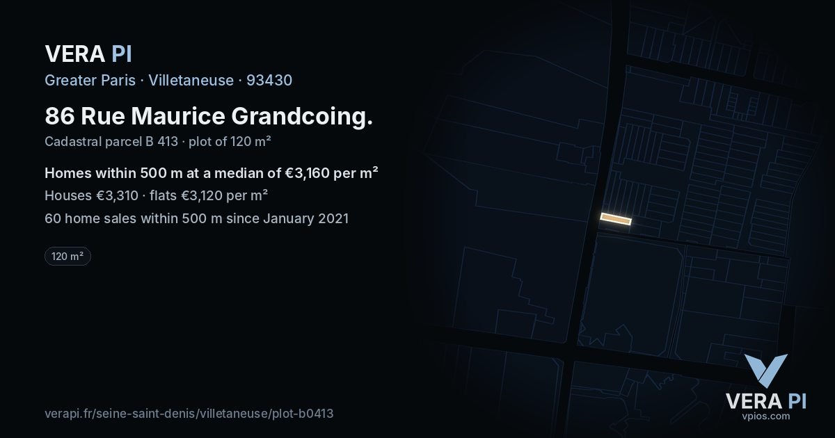 86 Rue Maurice Grandcoing, Villetaneuse at night – the plot lit, the parcels around coloured by the prices near them