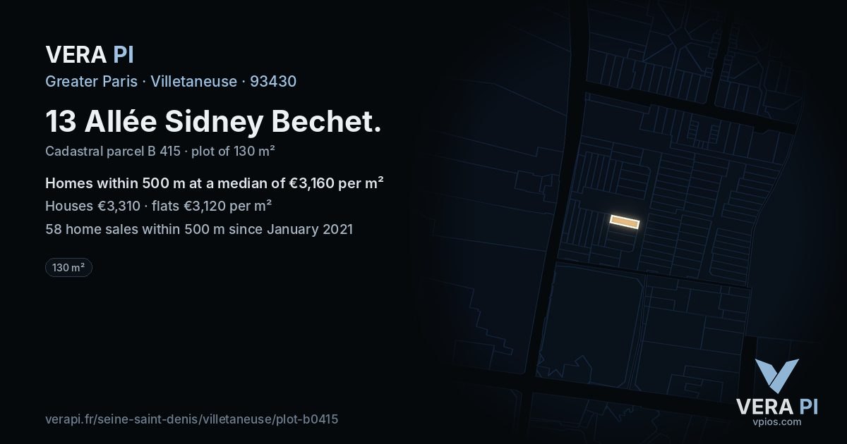 13 Allée Sidney Bechet, Villetaneuse at night – the plot lit, the parcels around coloured by the prices near them