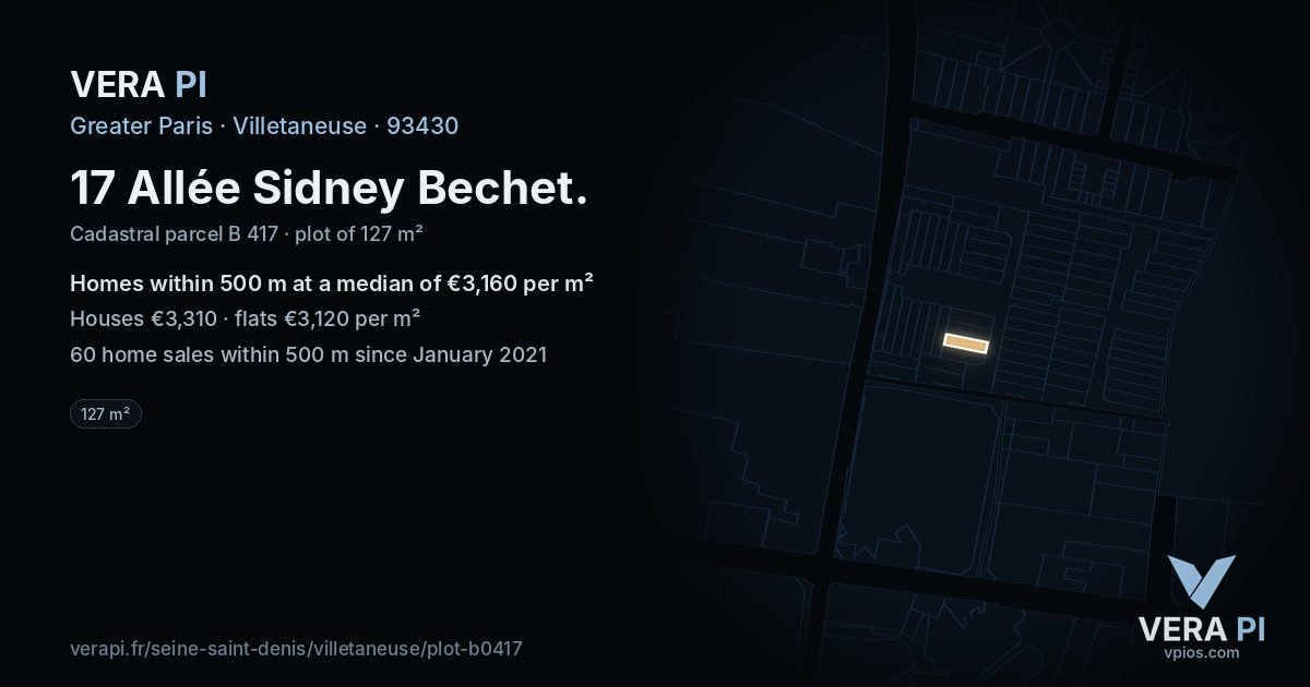 17 Allée Sidney Bechet, Villetaneuse at night – the plot lit, the parcels around coloured by the prices near them