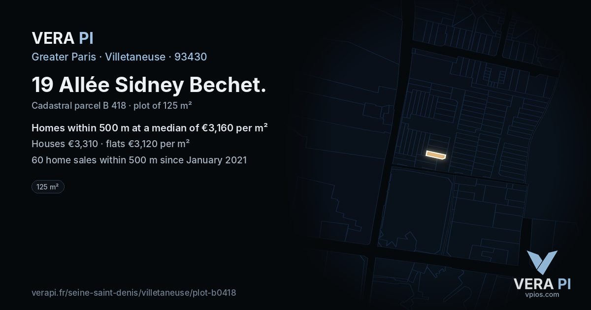 19 Allée Sidney Bechet, Villetaneuse at night – the plot lit, the parcels around coloured by the prices near them