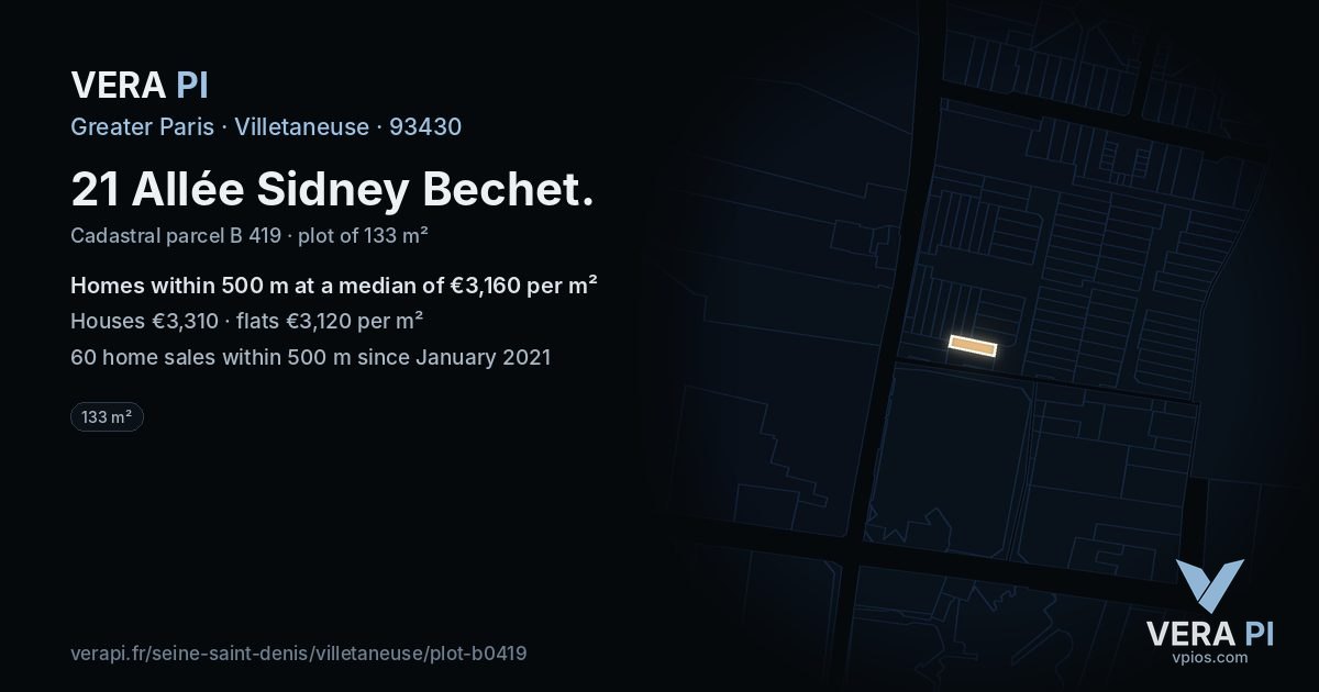 21 Allée Sidney Bechet, Villetaneuse at night – the plot lit, the parcels around coloured by the prices near them