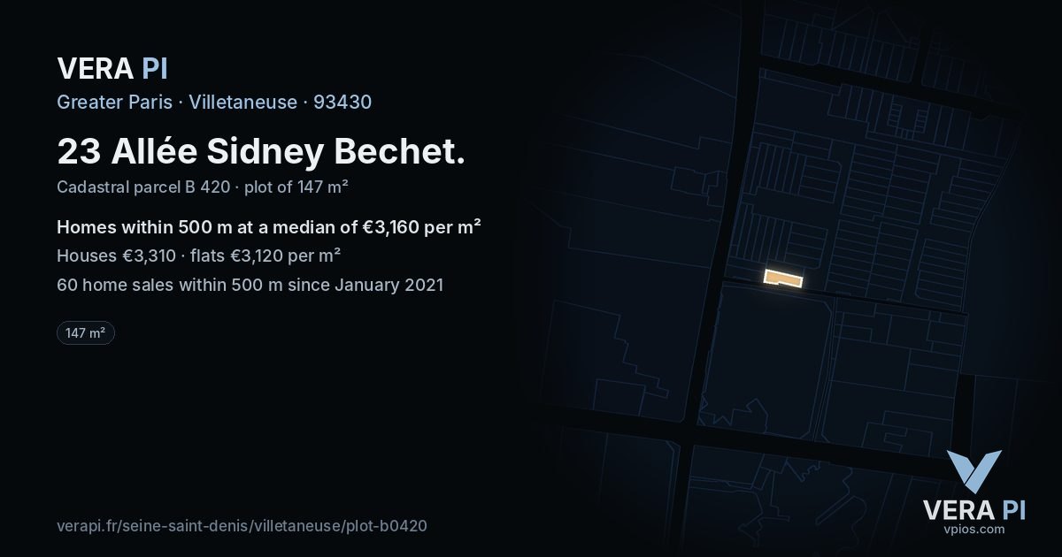 23 Allée Sidney Bechet, Villetaneuse at night – the plot lit, the parcels around coloured by the prices near them