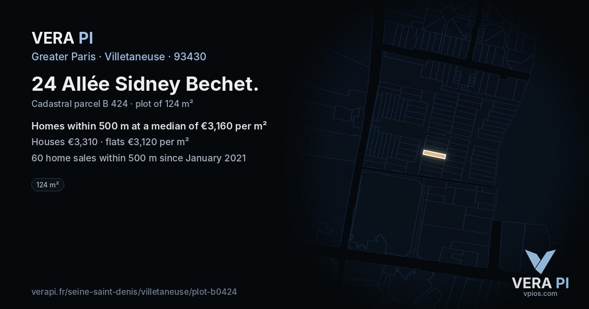 24 Allée Sidney Bechet, Villetaneuse at night – the plot lit, the parcels around coloured by the prices near them