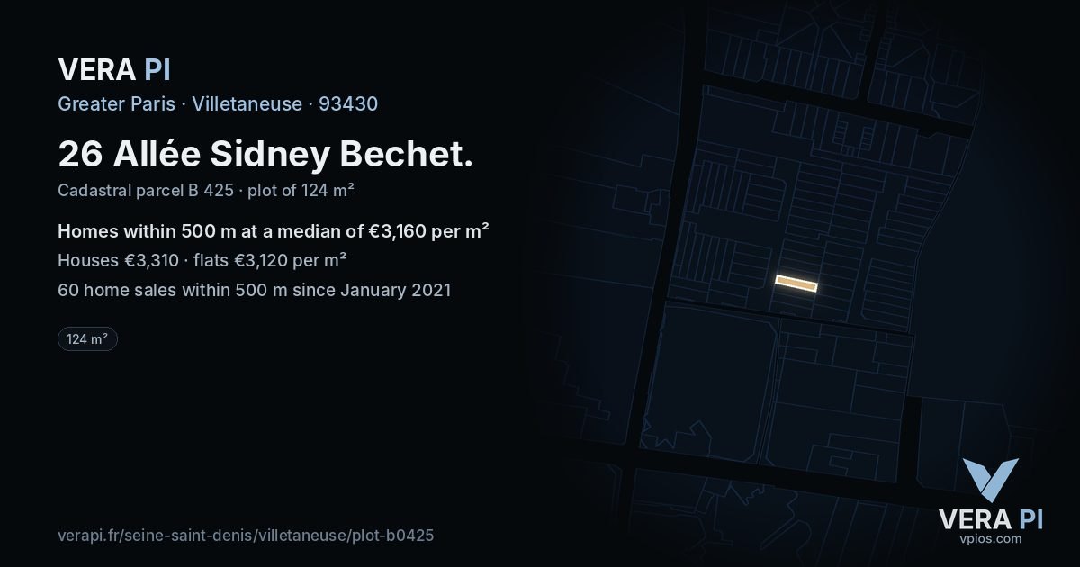 26 Allée Sidney Bechet, Villetaneuse at night – the plot lit, the parcels around coloured by the prices near them