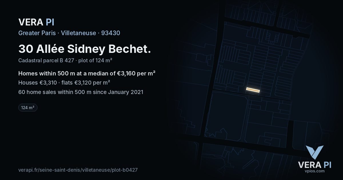30 Allée Sidney Bechet, Villetaneuse at night – the plot lit, the parcels around coloured by the prices near them