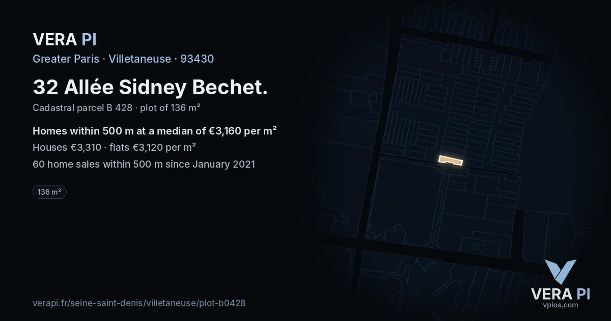 32 Allée Sidney Bechet, Villetaneuse at night – the plot lit, the parcels around coloured by the prices near them