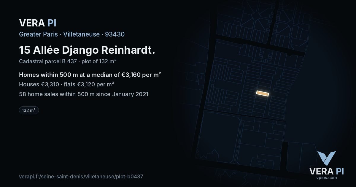 15 Allée Django Reinhardt, Villetaneuse at night – the plot lit, the parcels around coloured by the prices near them