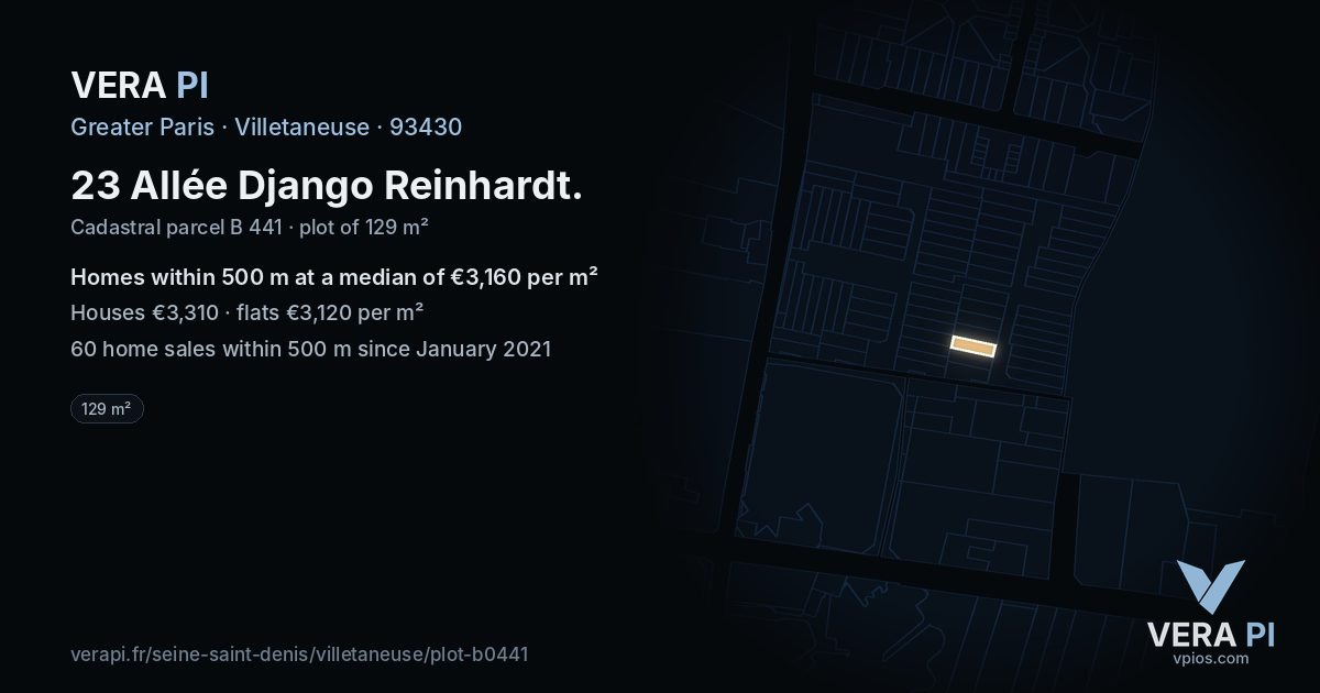 23 Allée Django Reinhardt, Villetaneuse at night – the plot lit, the parcels around coloured by the prices near them