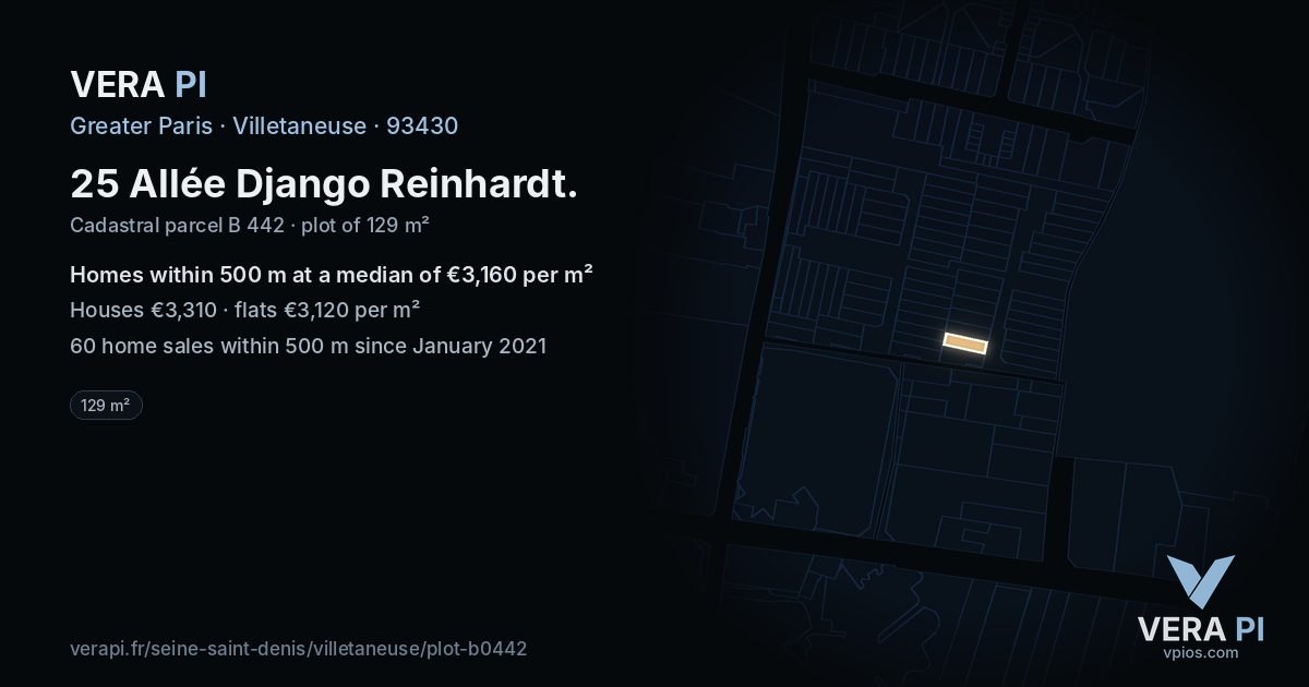 25 Allée Django Reinhardt, Villetaneuse at night – the plot lit, the parcels around coloured by the prices near them