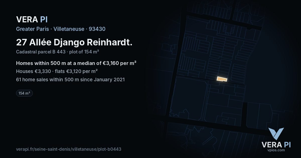 27 Allée Django Reinhardt, Villetaneuse at night – the plot lit, the parcels around coloured by the prices near them