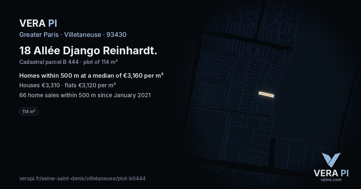 18 Allée Django Reinhardt, Villetaneuse at night – the plot lit, the parcels around coloured by the prices near them