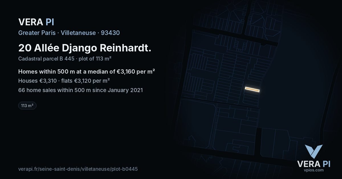 20 Allée Django Reinhardt, Villetaneuse at night – the plot lit, the parcels around coloured by the prices near them