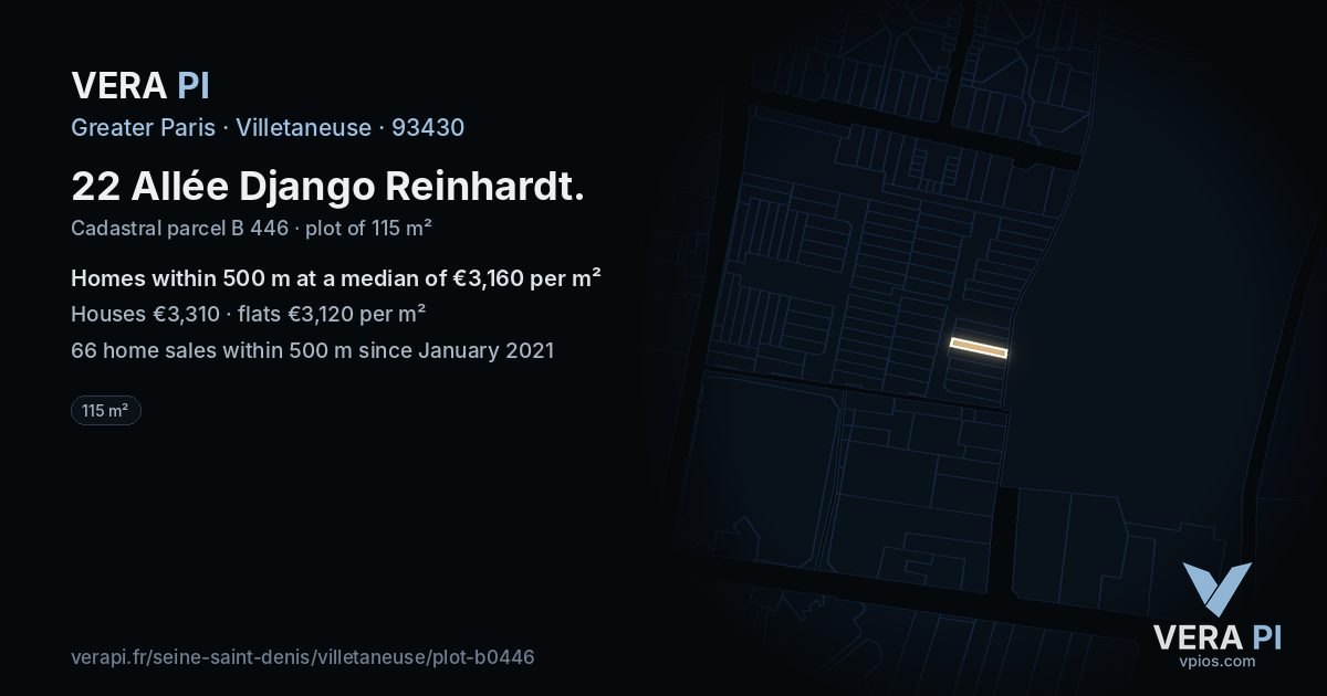 22 Allée Django Reinhardt, Villetaneuse at night – the plot lit, the parcels around coloured by the prices near them