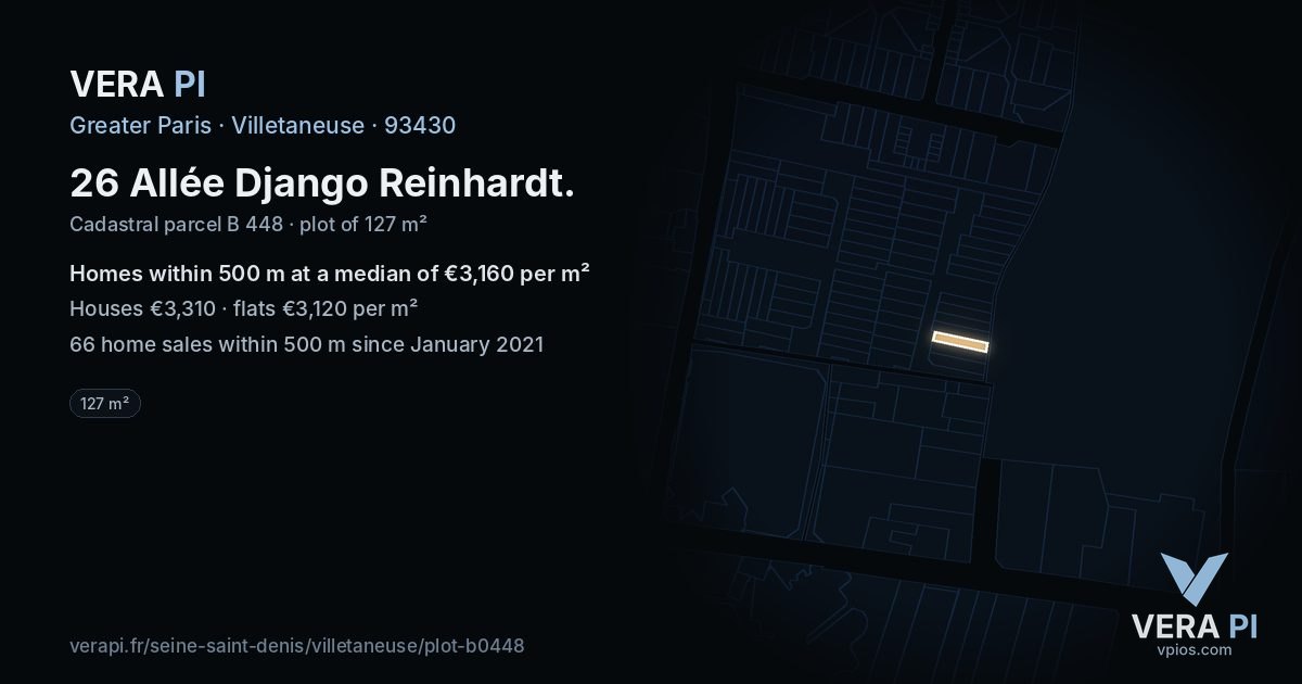26 Allée Django Reinhardt, Villetaneuse at night – the plot lit, the parcels around coloured by the prices near them