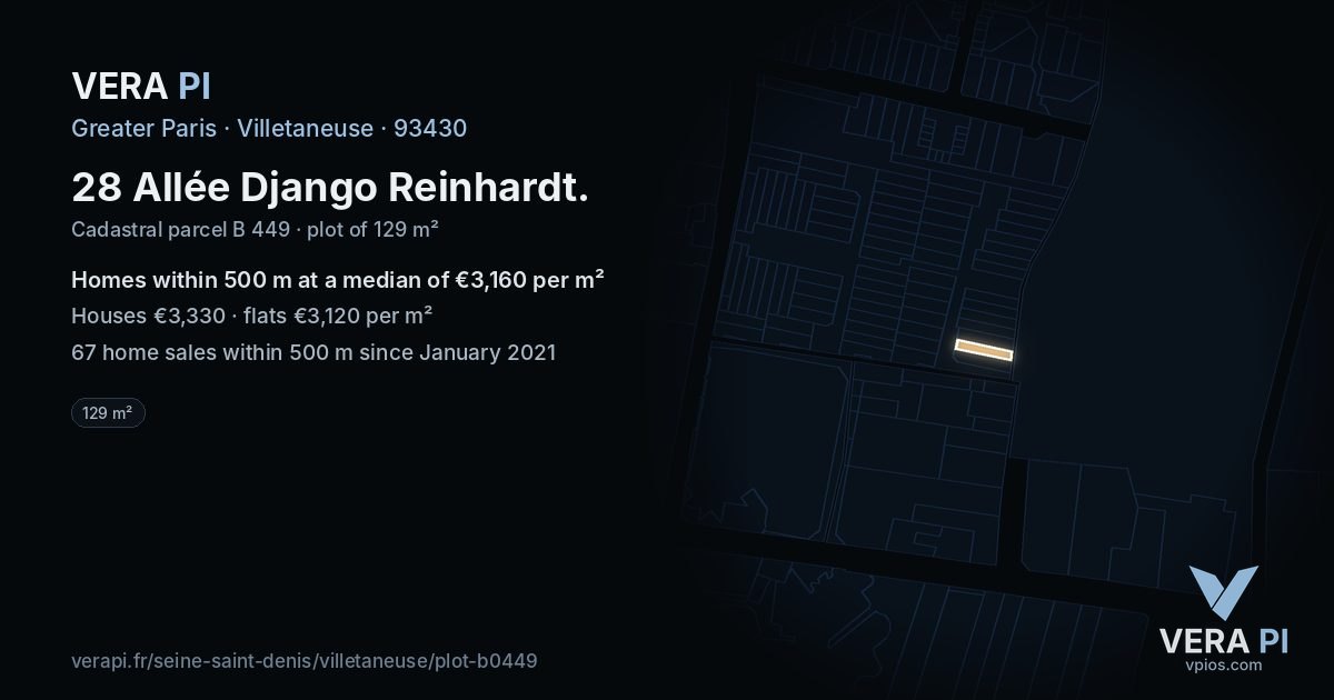 28 Allée Django Reinhardt, Villetaneuse at night – the plot lit, the parcels around coloured by the prices near them