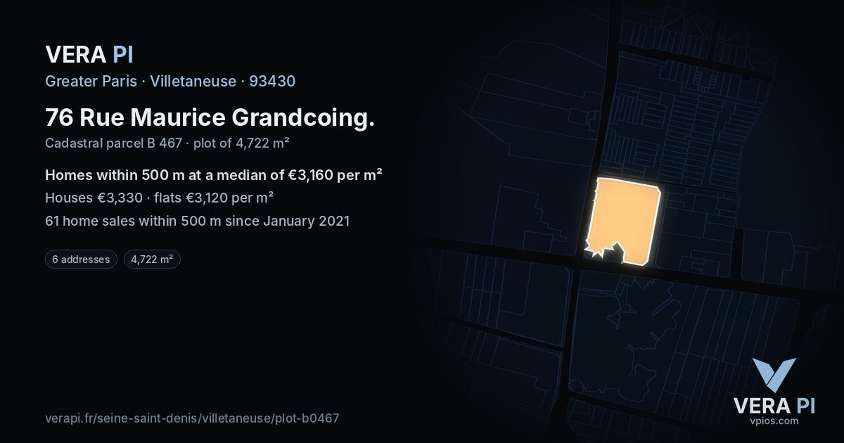76 Rue Maurice Grandcoing, Villetaneuse at night – the plot lit, the parcels around coloured by the prices near them