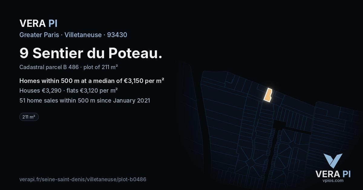 9 Sentier du Poteau, Villetaneuse at night – the plot lit, the parcels around coloured by the prices near them