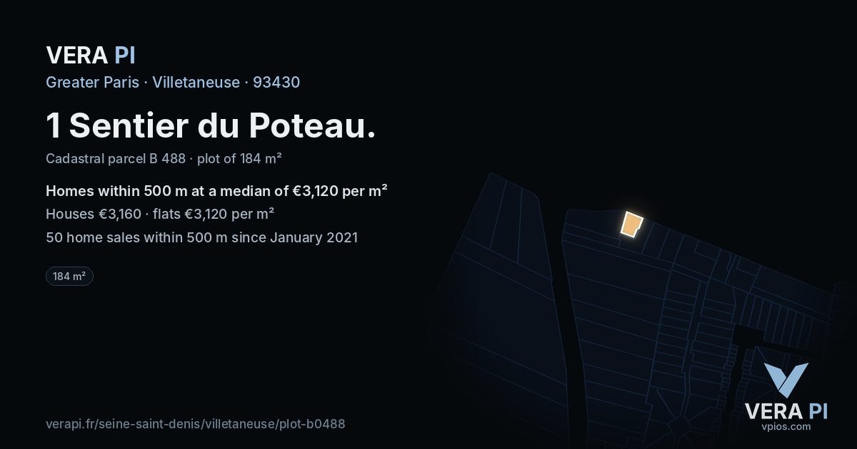 1 Sentier du Poteau, Villetaneuse at night – the plot lit, the parcels around coloured by the prices near them