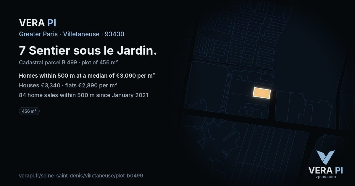 7 Sentier sous le Jardin, Villetaneuse at night – the plot lit, the parcels around coloured by the prices near them