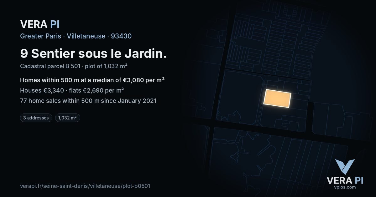 9 Sentier sous le Jardin, Villetaneuse at night – the plot lit, the parcels around coloured by the prices near them