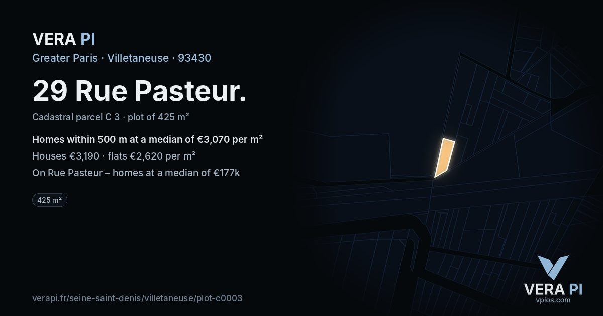 29 Rue Pasteur, Villetaneuse at night – the plot lit, the parcels around coloured by the prices near them