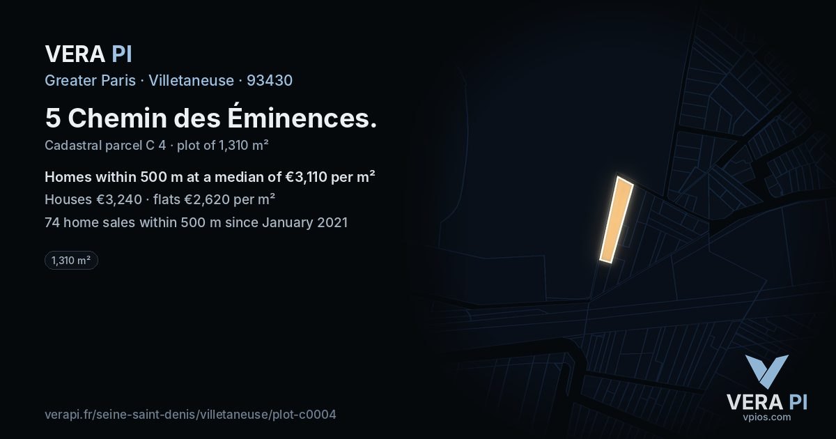 5 Chemin des Éminences, Villetaneuse at night – the plot lit, the parcels around coloured by the prices near them