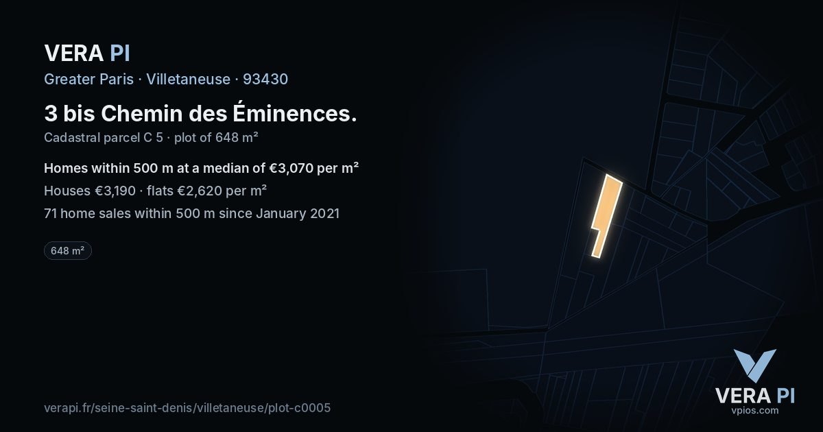 3 bis Chemin des Éminences, Villetaneuse at night – the plot lit, the parcels around coloured by the prices near them